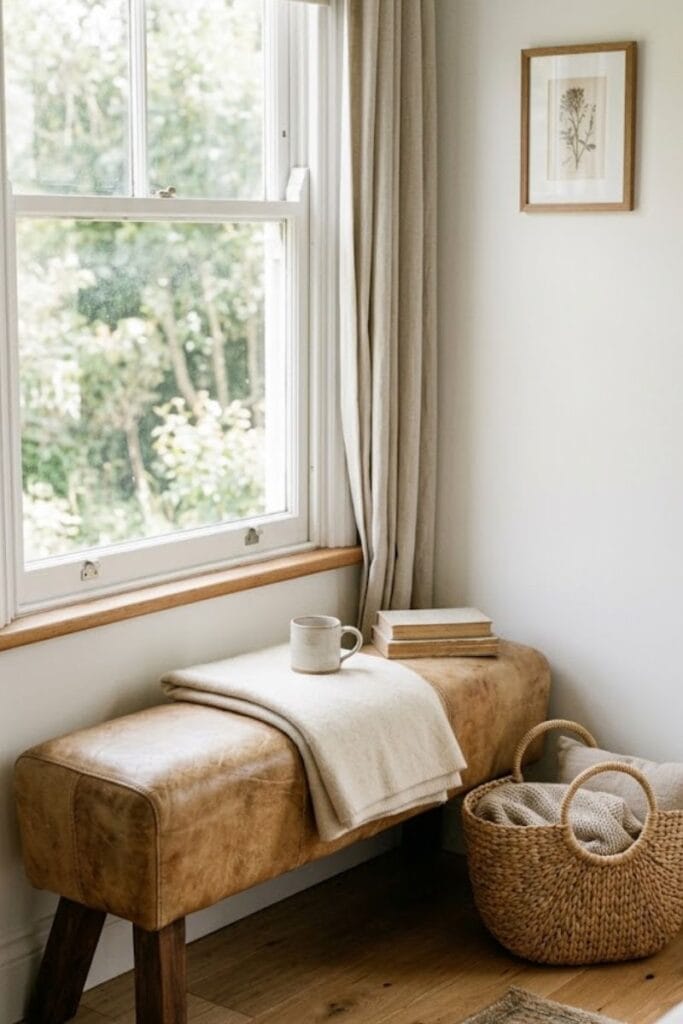 Rawhide bench nook in small western bedroom ideas for couples