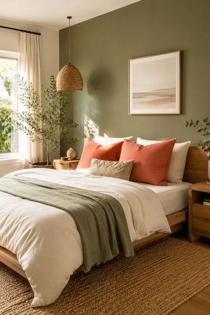Sage green and coral color pairing in shared toddler bedroom ideas