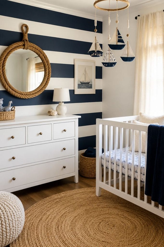  Navy nautical baby boy nursery with sailboat mobile