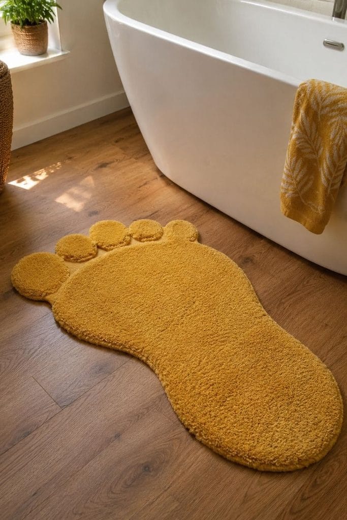 Quirky footprint bath mat as playful funny bathroom decor