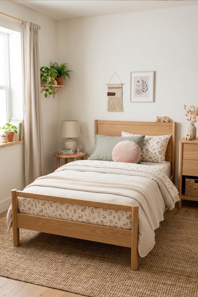 Toddler girl bedroom with a full size bed frame and low footboard