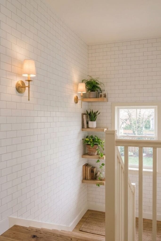 White subway tile accent wall staircase and landing decor.