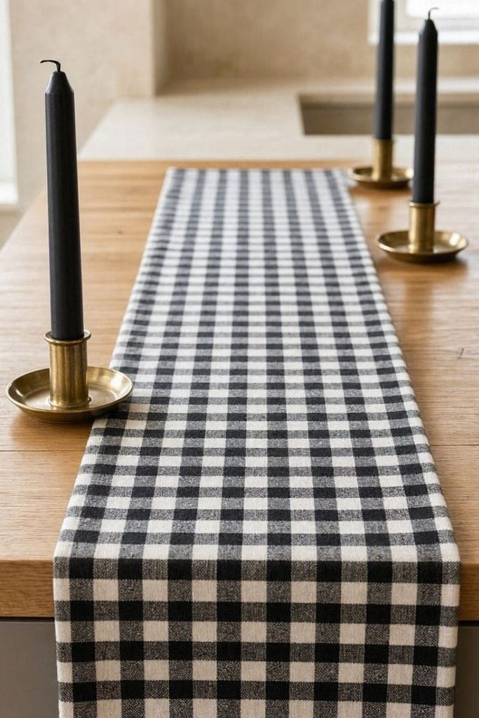  Black gingham runner styled as halloween kitchen decor