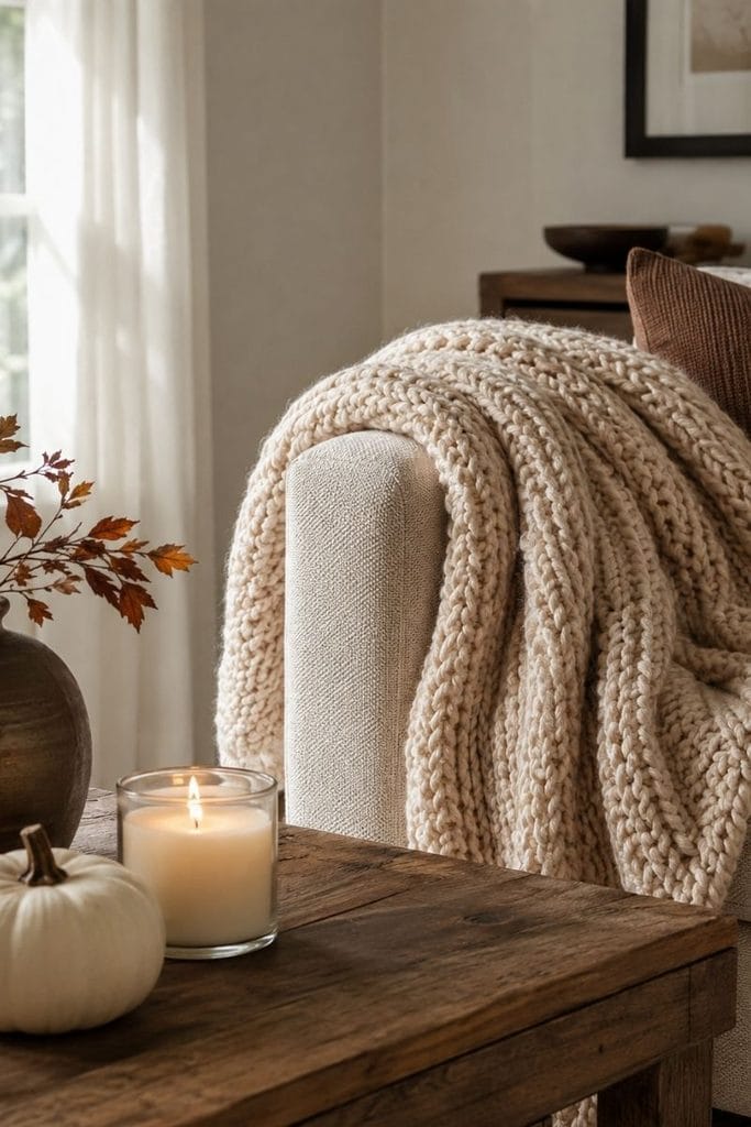 Halloween coffee table decor with cozy knit throw blanket
