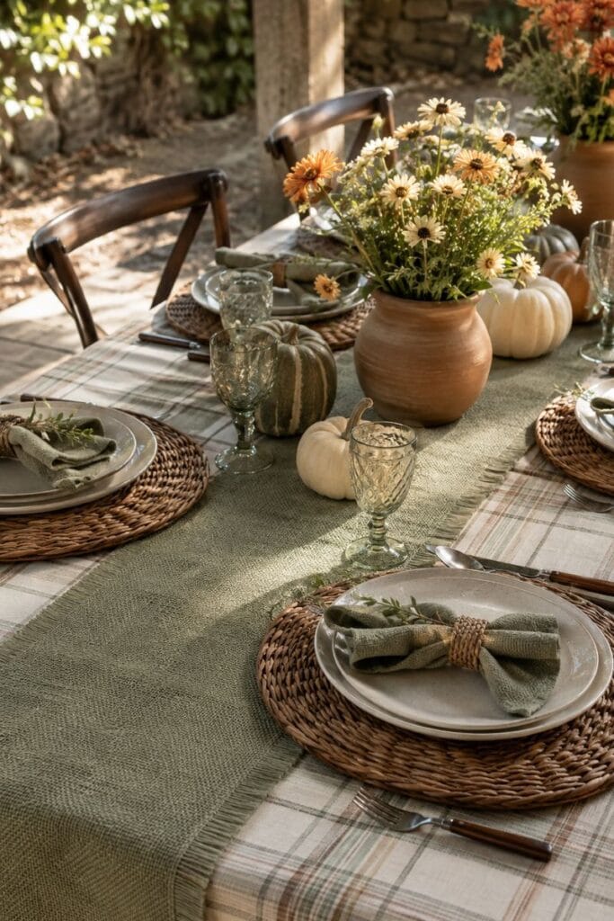 	sage green plaid tablecloth with burlap runner for thanksgiving