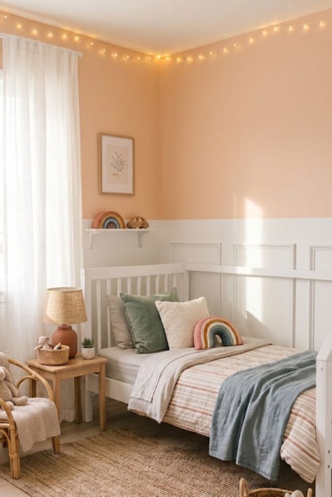 Peach and white color block toddler girl bedroom accent wall