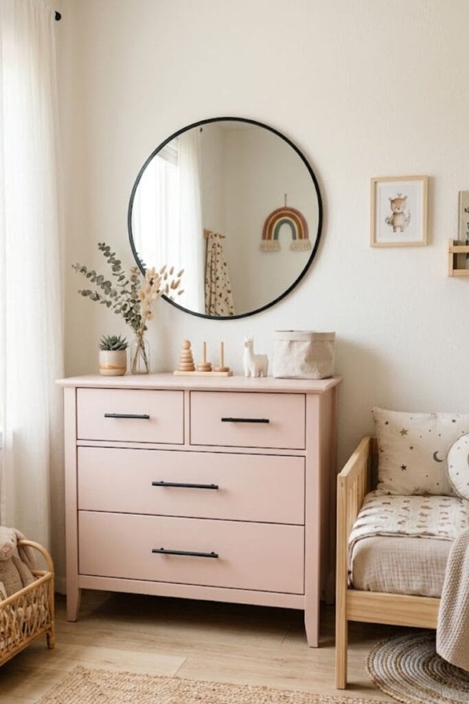 Blush pink dresser with black hardware black and pink toddler girl bedroom