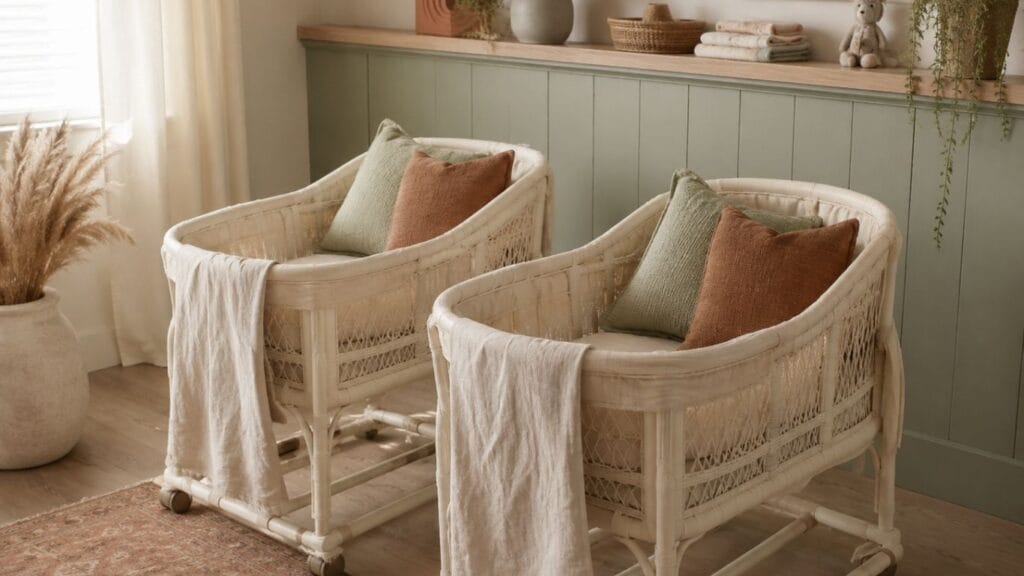 Sage green baby shower themes for twins nursery corner setup