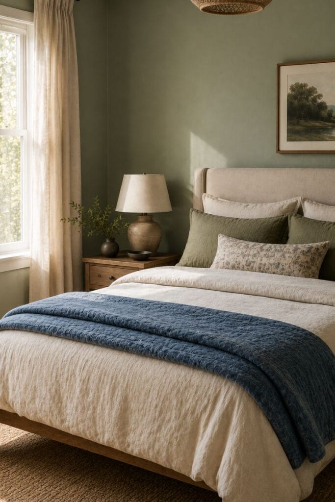  Blue and green bedroom idea with sage walls and stonewashed denim quilt 