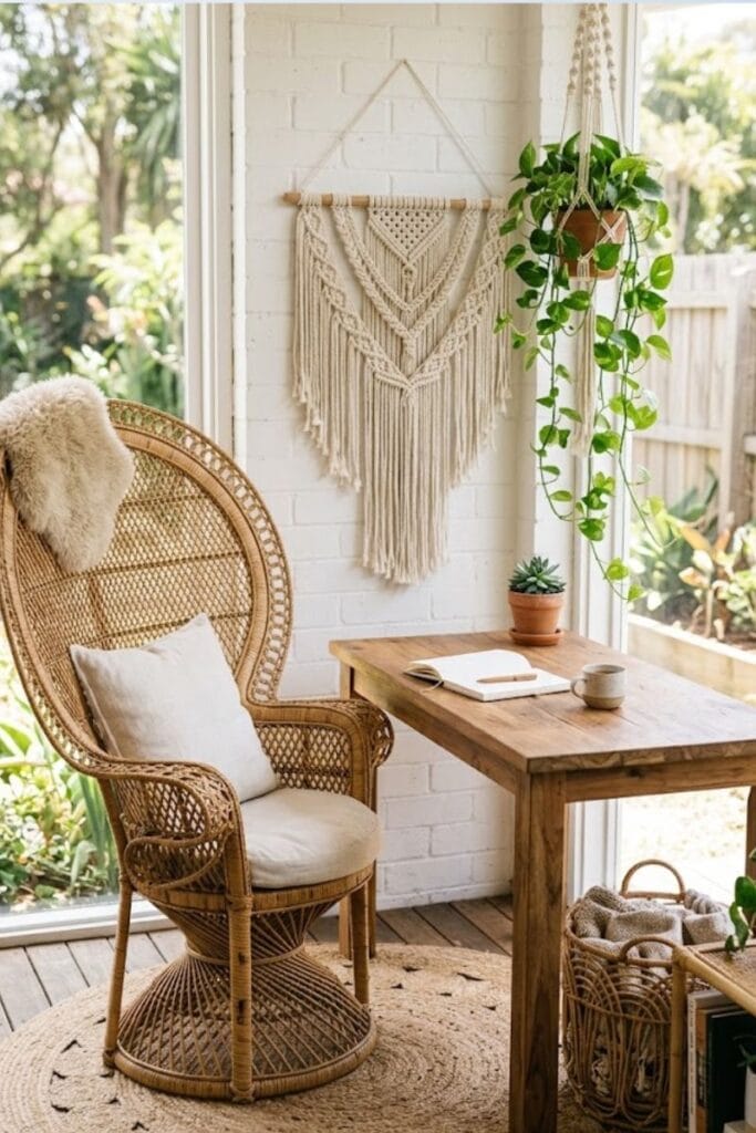 Backyard office ideas with a bohemian rattan chair and macrame wall