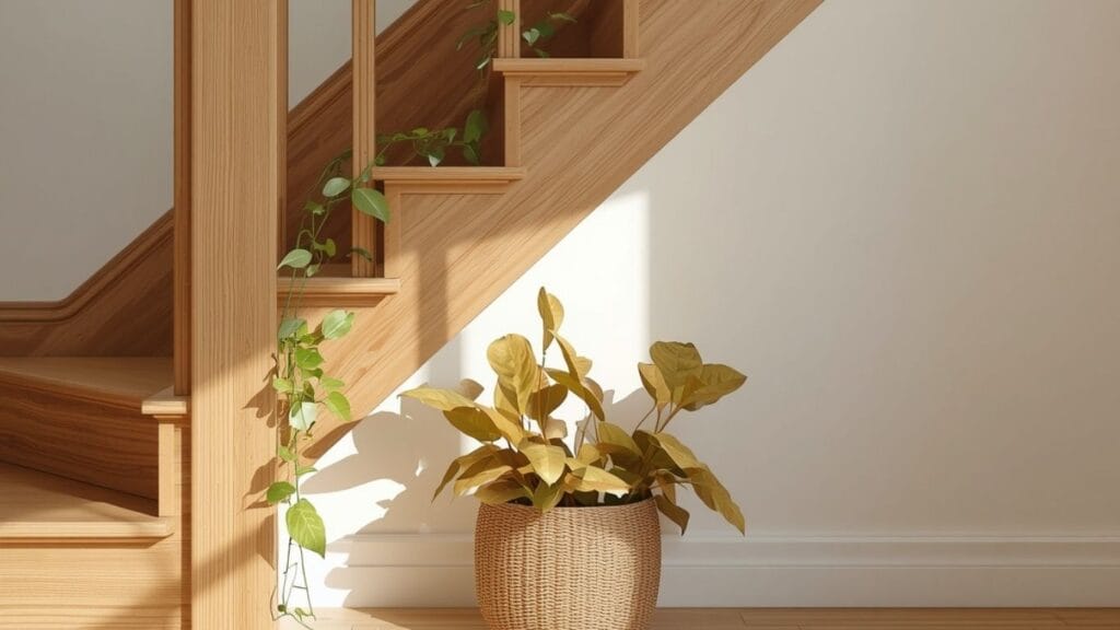 Golden pothos trailing from an open riser staircase step
