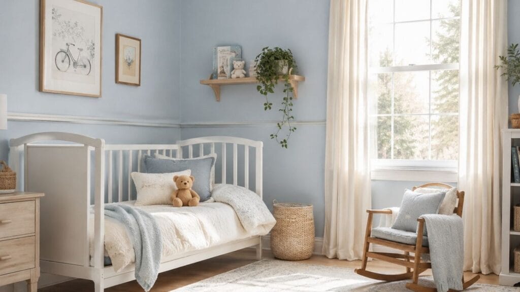 Soft blue toddler bedroom ideas with white cot bed and linen bedding