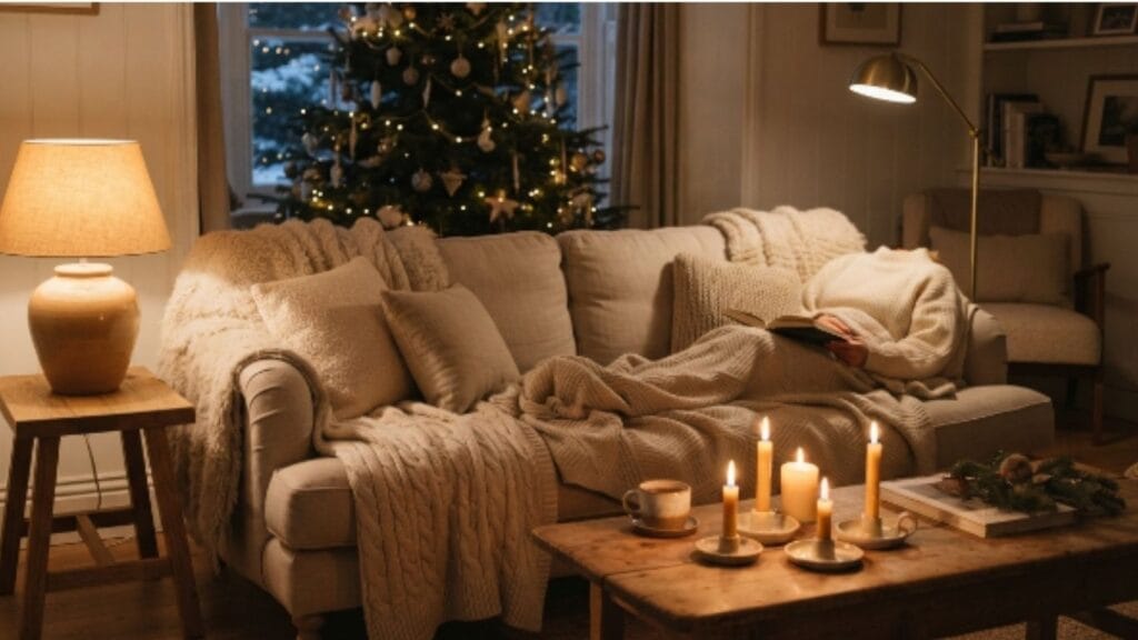 cozy hygge christmas living room ideas with warm layered lamplight