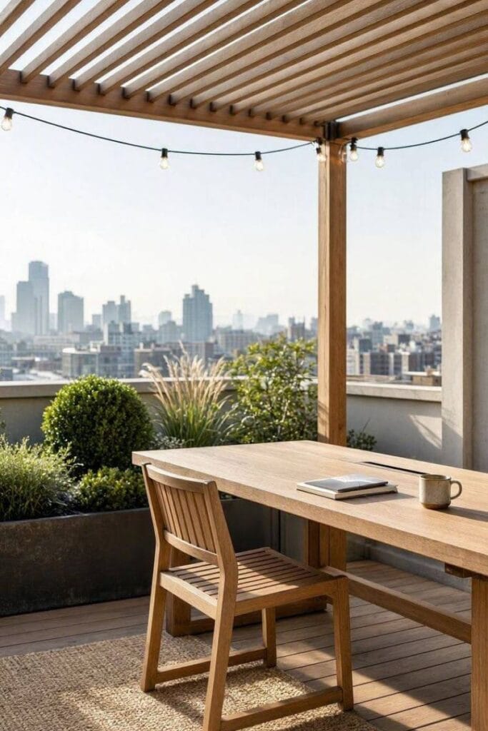 Backyard office ideas with a covered rooftop deck office corner
