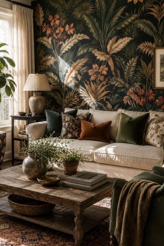 Botanical wallpaper accent wall in a maximalist living room