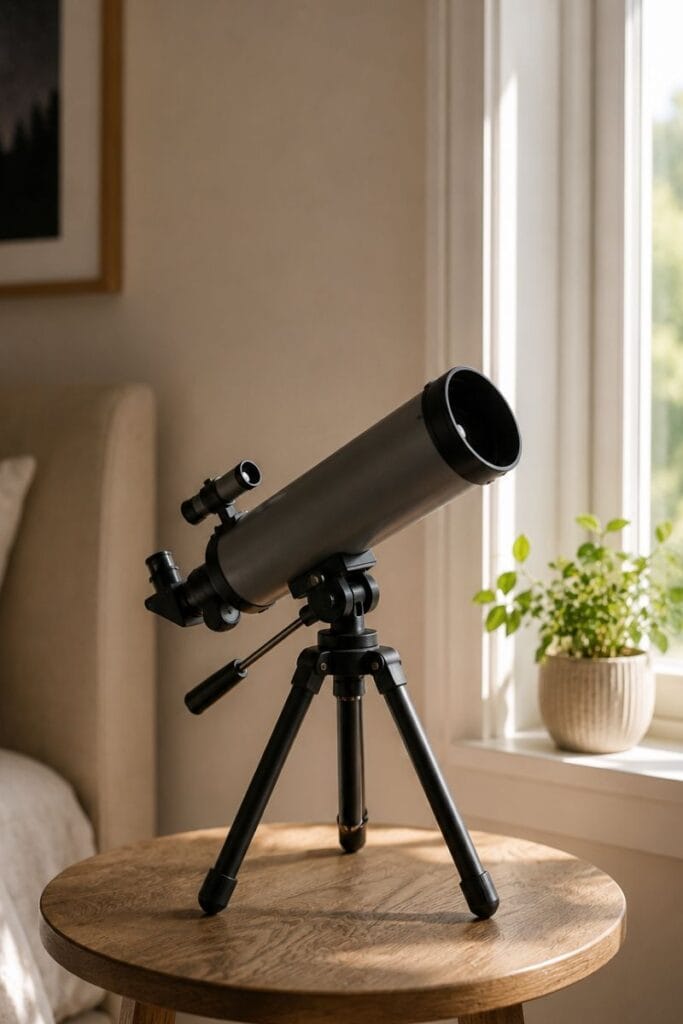 Tabletop telescope by the window in a space themed bedroom