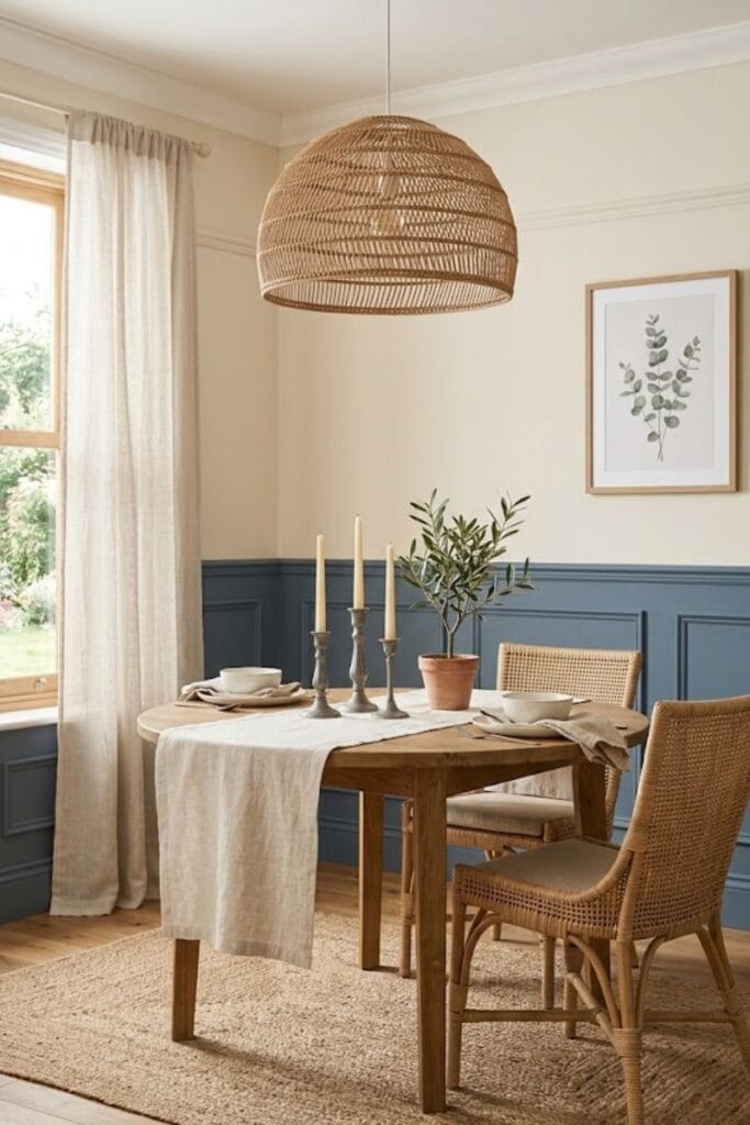 Slate blue dining room styled with wedding-inspired color palette