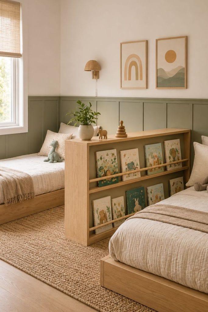  Low bookcase divider in toddler boy and girl shared bedroom ideas