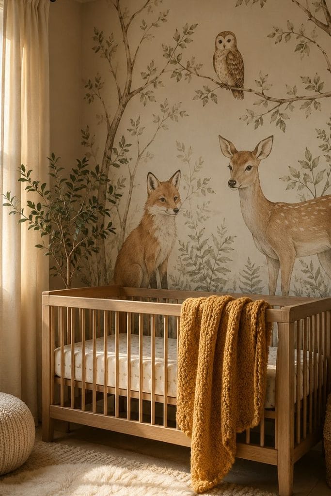  Woodland animal mural in baby boy nursery