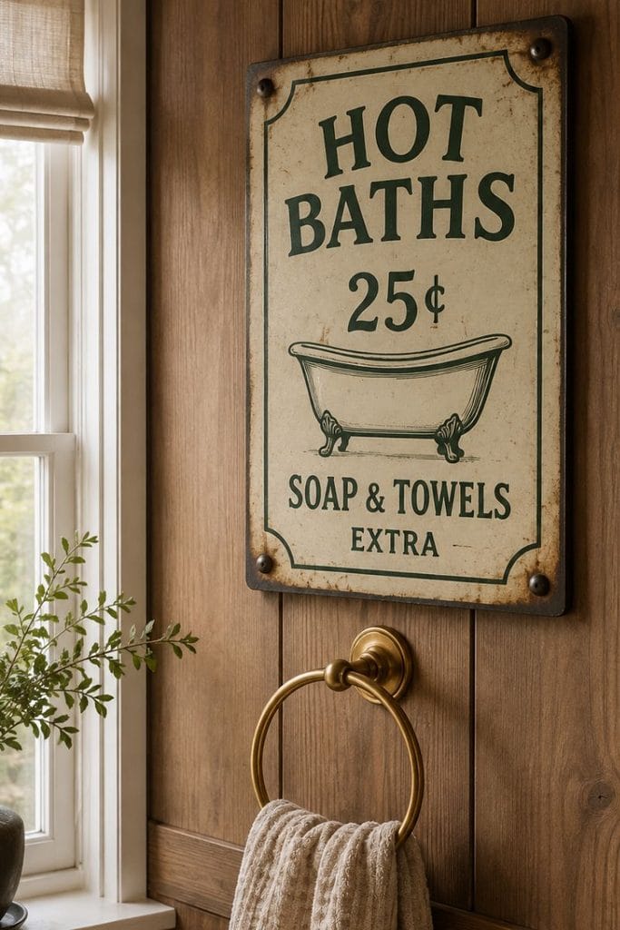 Vintage tin sign as nostalgic funny bathroom decor accent