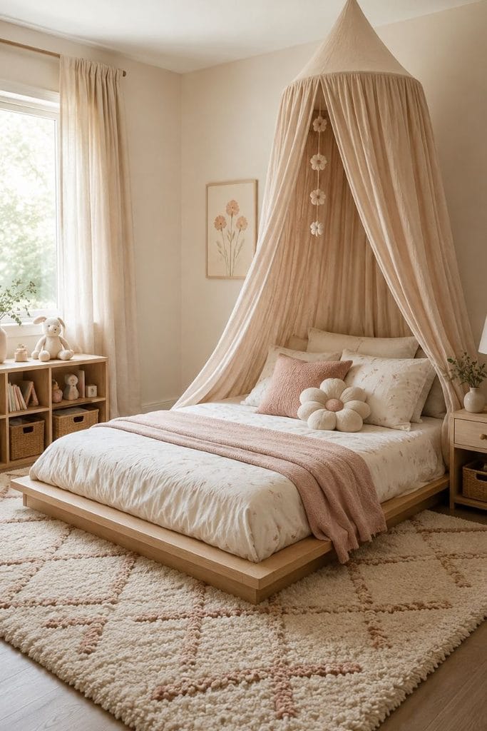 Toddler girl bedroom with a low wood floor bed and soft fabric canopy