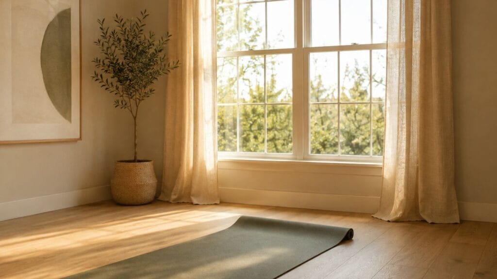 Cozy home yoga room with natural light, mat, and plants, yoga room ideas