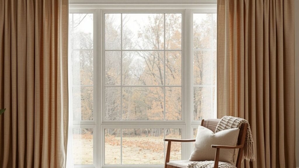 Bedroom window with warm taupe linen curtains and cozy reading chair with fall pillows