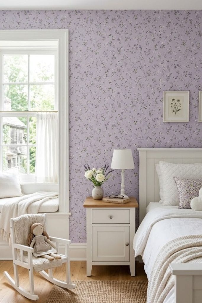 Purple room wallpaper ideas with lavender floral print