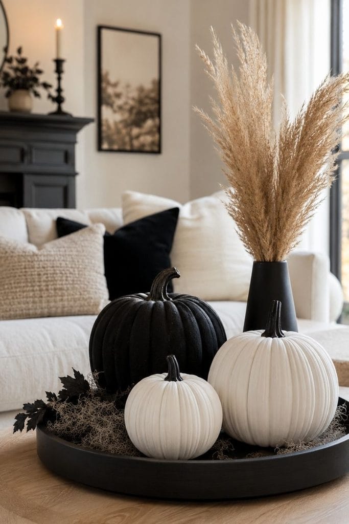 Black and white Halloween decor ideas for a living room table