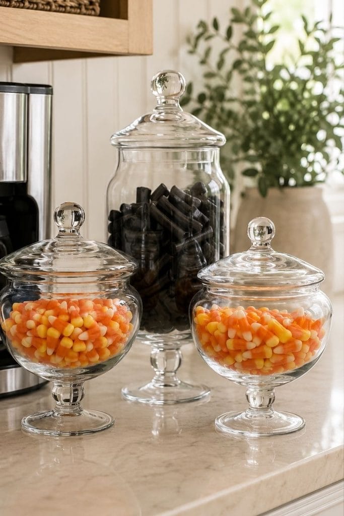  Candy jars styled as halloween kitchen decor on counter