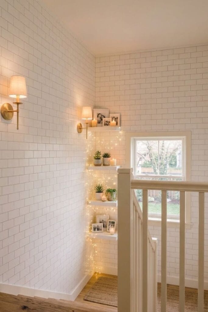 String lights and floating shelves staircase wall and landing decor.