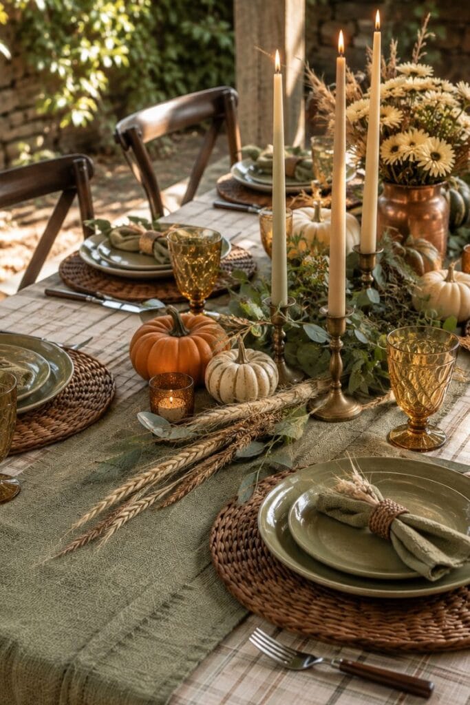 	sage green plates with amber glassware for thanksgiving dinner