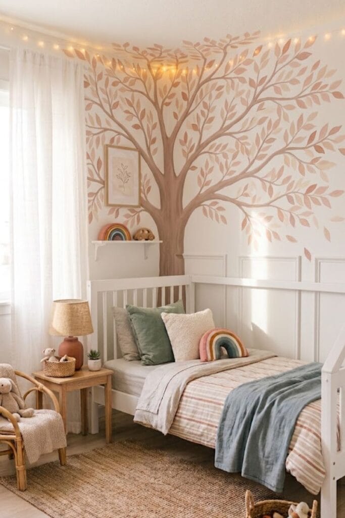 Whimsical tree mural toddler girl bedroom accent wall idea