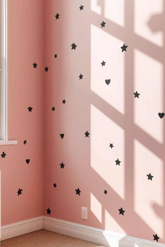 Black star and heart decals on pink wall in a toddler girl bedroom