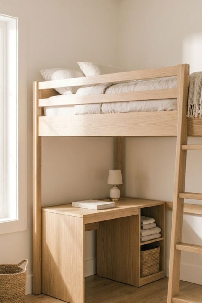 Loft bed with desk below, a small bedroom storage idea