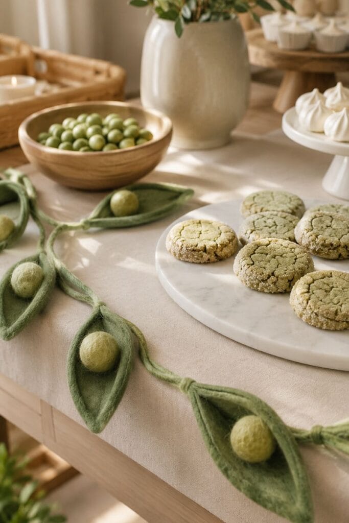 Two peas in a pod baby shower themes for twins dessert table