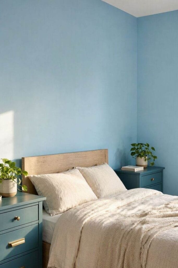 Blue and green bedroom idea with teal nightstands and sky blue walls 
