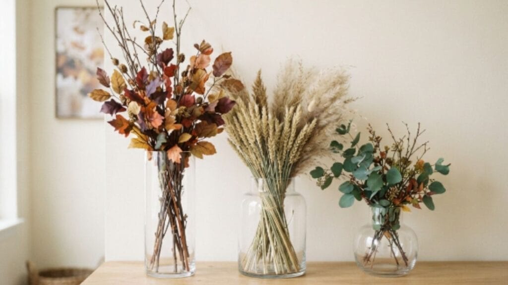 Three glass vases with dried branches, wheat, and fall leaves arranged on wooden console table