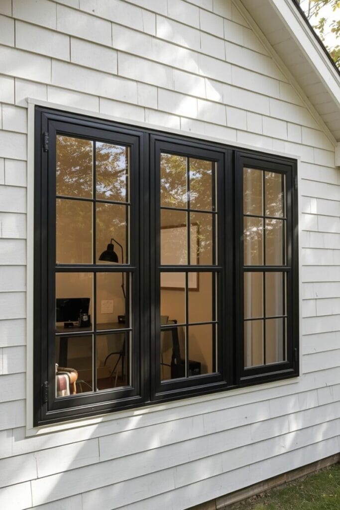 Backyard office ideas with black steel window frames and white siding