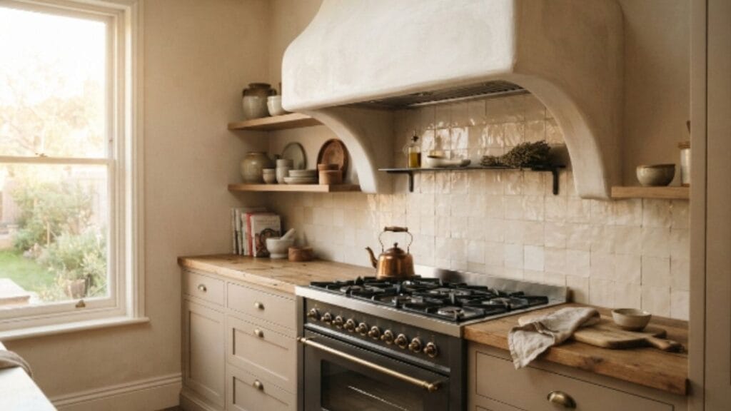 Plaster finish statement range hood above stove