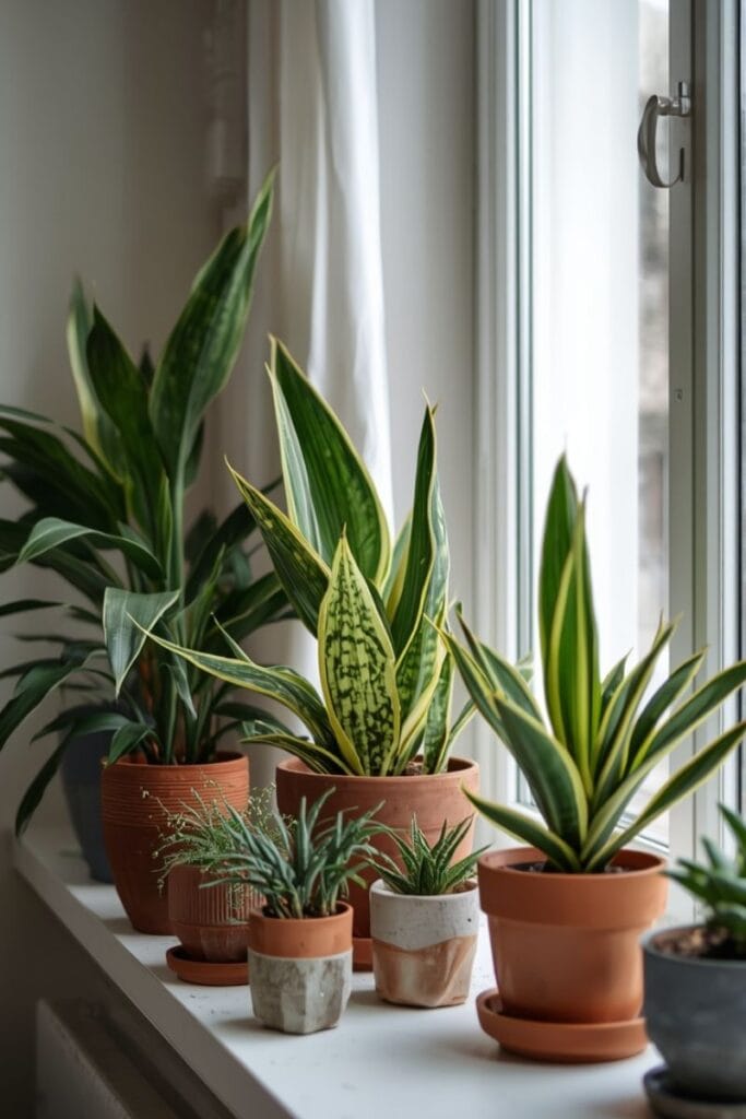 Clustered houseplants in mismatched pots in a living room