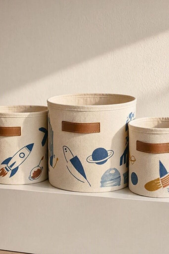 Rocket print storage bins in a space themed bedroom