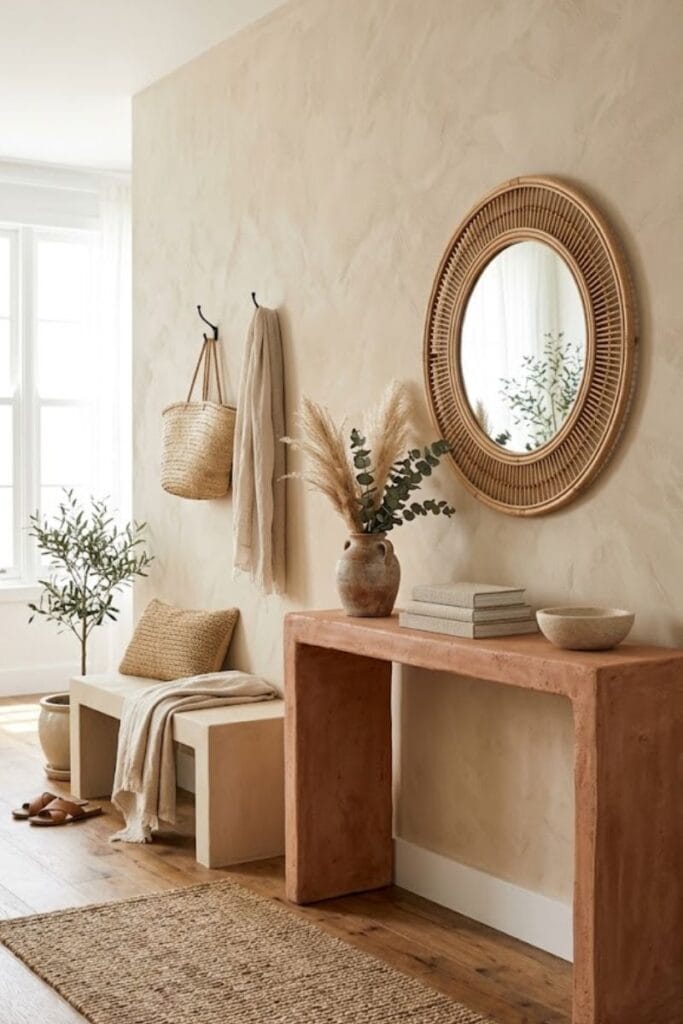 Terracotta entryway with wedding-inspired home decor color palette