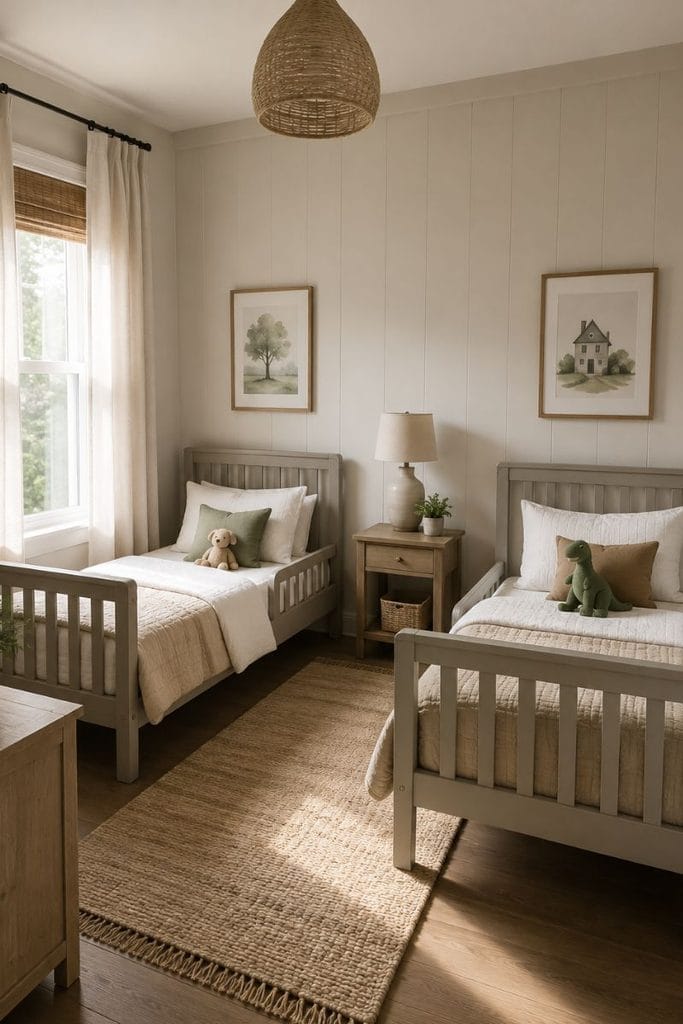  Parallel twin beds in narrow toddler boy and girl shared bedroom