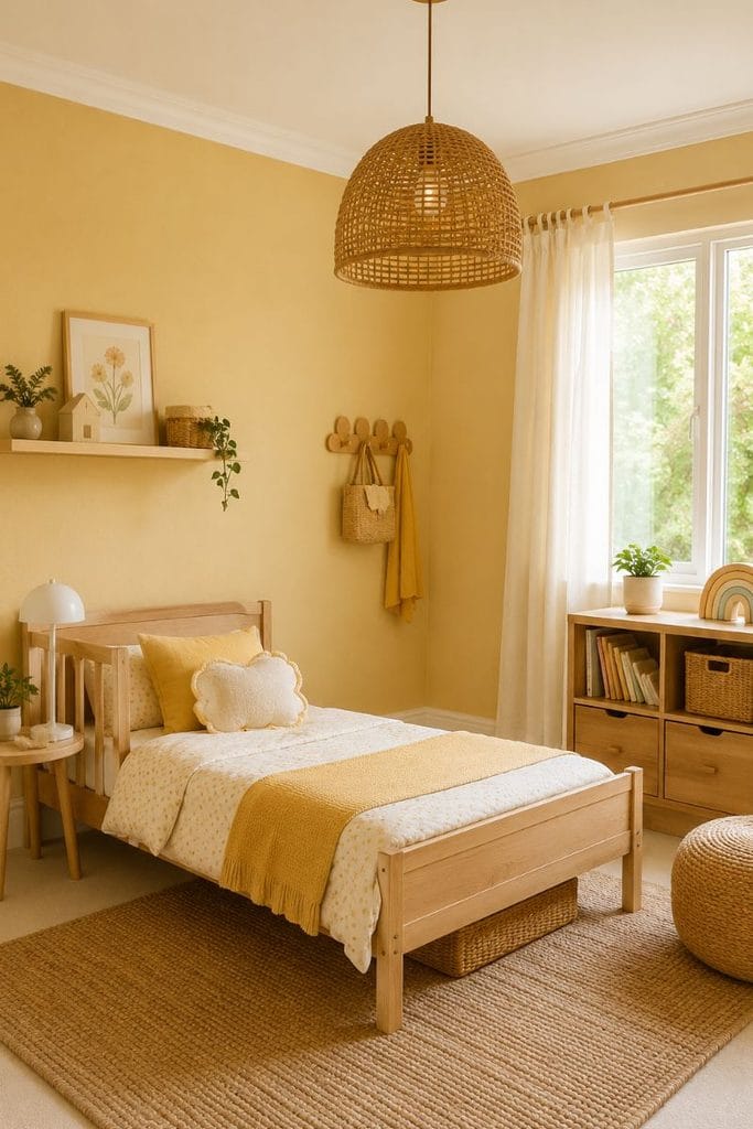 Yellow toddler girl bedroom with pale ochre walls and woven pendant light