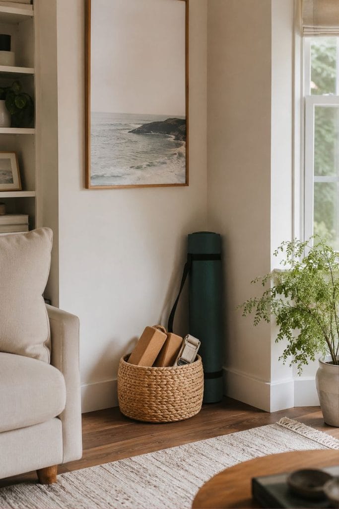 Small yoga corner set up in a living room, yoga room ideas for every home