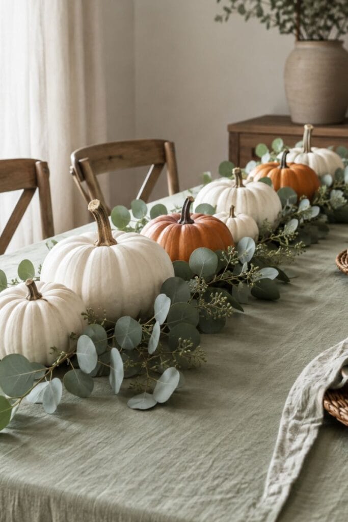 white pumpkins on sage green tablecloth thanksgiving centerpiece