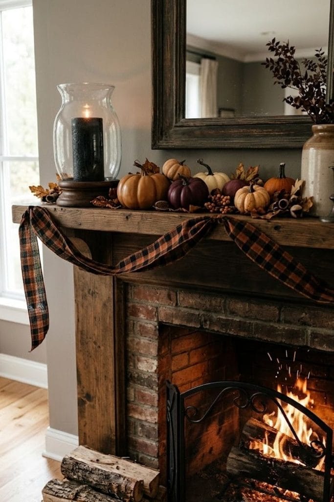 Moody Halloween decor ideas for a styled fireplace mantel