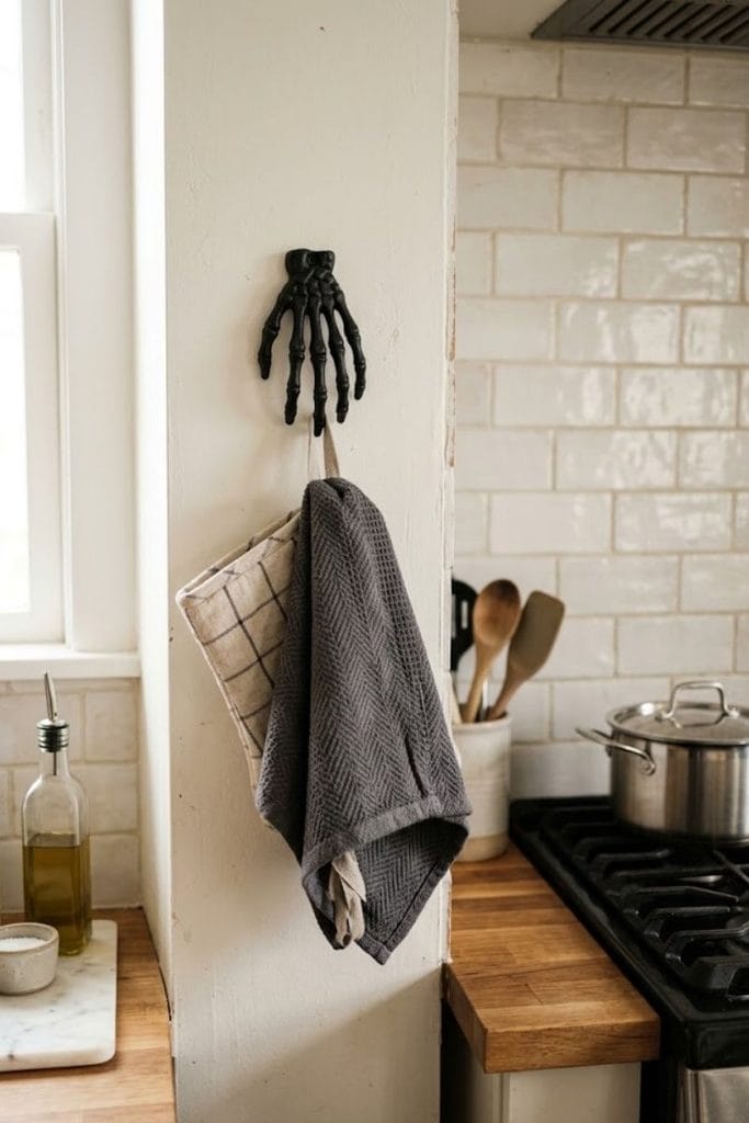  Skeleton hook styled as halloween kitchen decor near stove