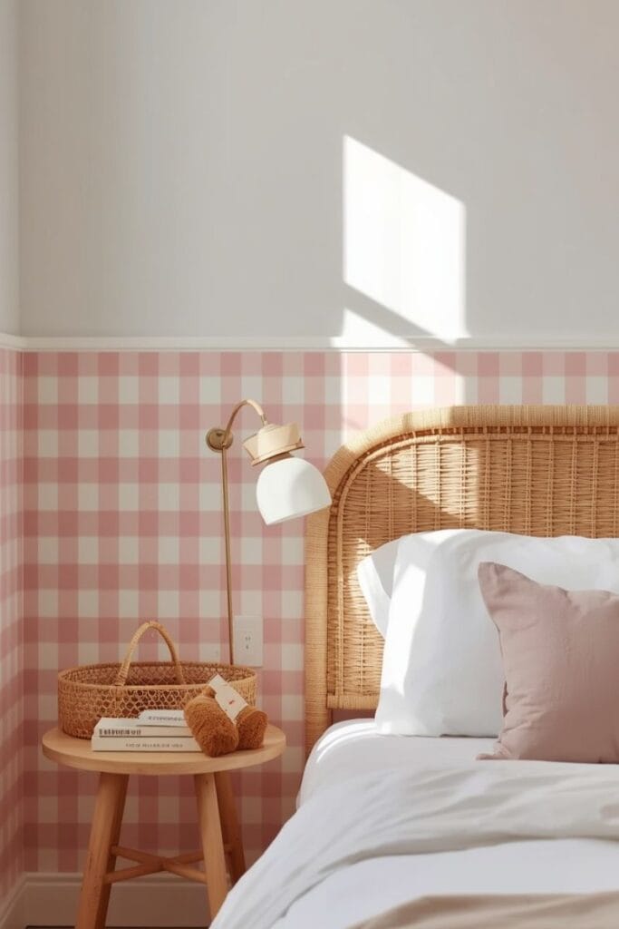 Pink and white gingham check toddler girl bedroom accent wall